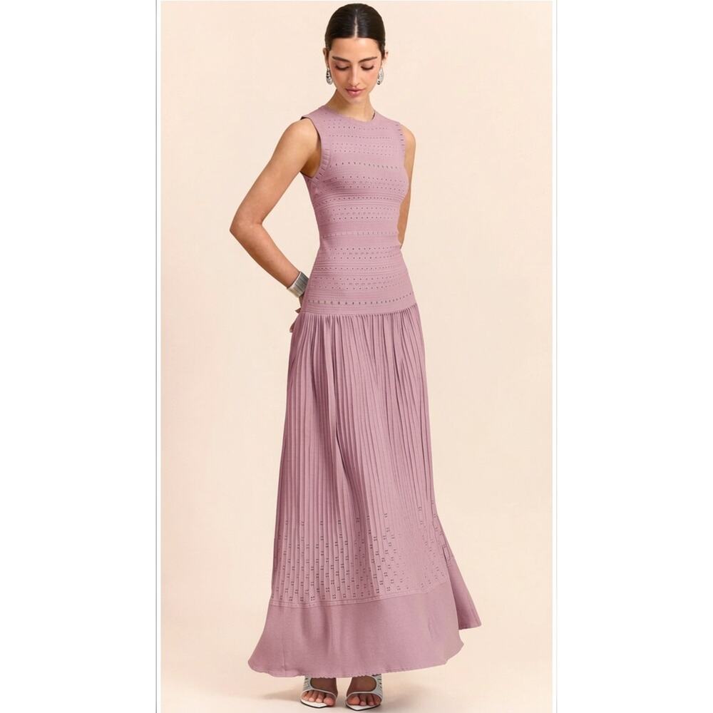 Commense Dusty Mauve Pleated Knit Eyelet Maxi Dress Sleeveless L Soft Luxury